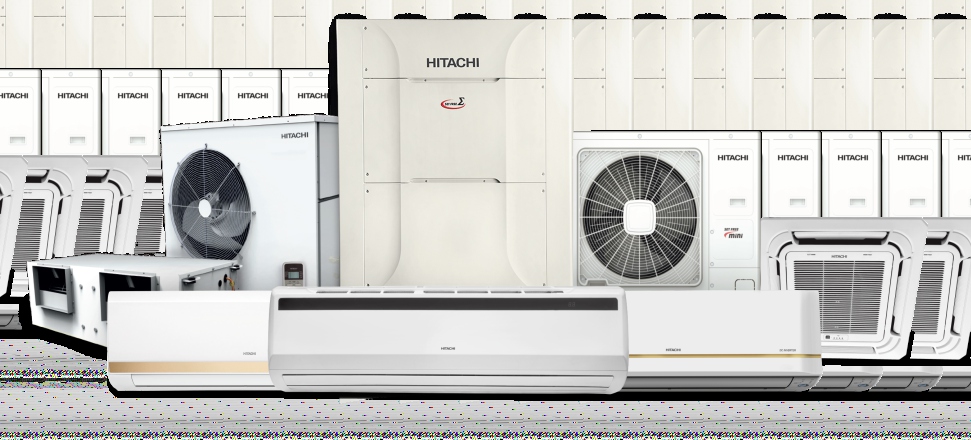Hitachi product range including ceiling cassette units on a light background